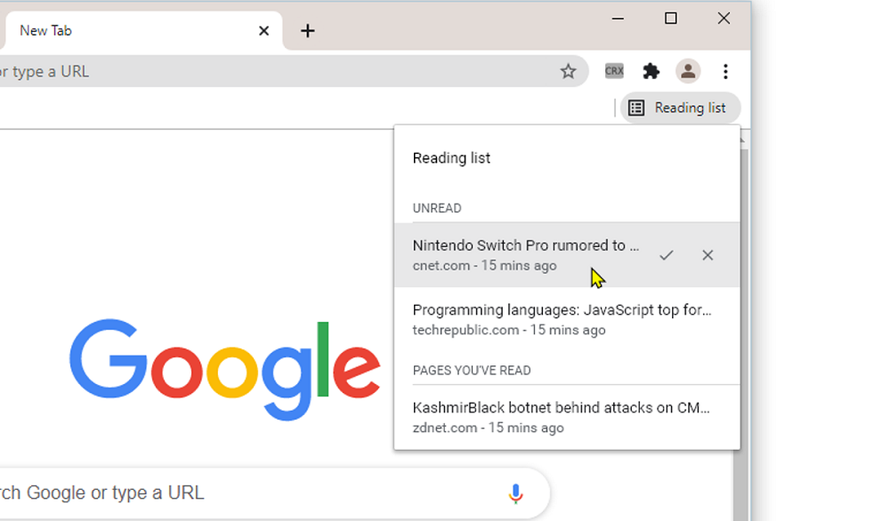 Zahrnutí, použití a vymazání možnosti pro čtení v Google Chrome